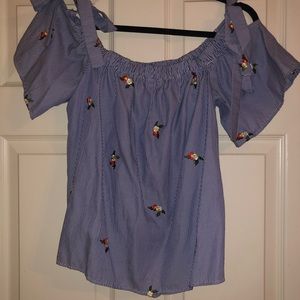 Newbury Kustom Blue Striped Floral Blouse With Ribbon Ties and Cold Shoulder